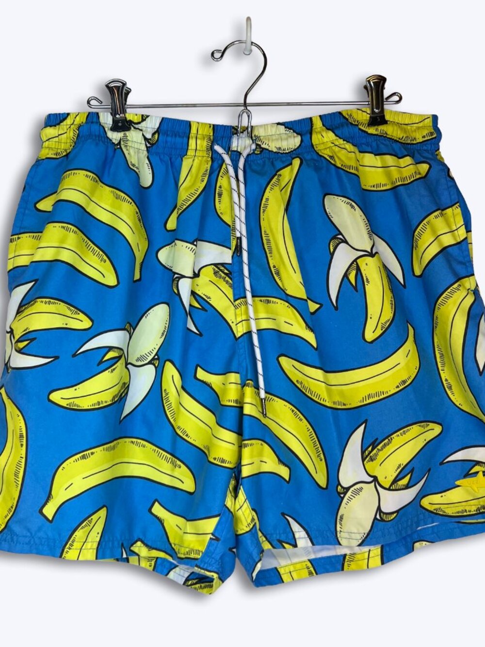 UZZI Mens Swim Trunks L Banana Print Blue Board Shorts Elastic Pockets Lined